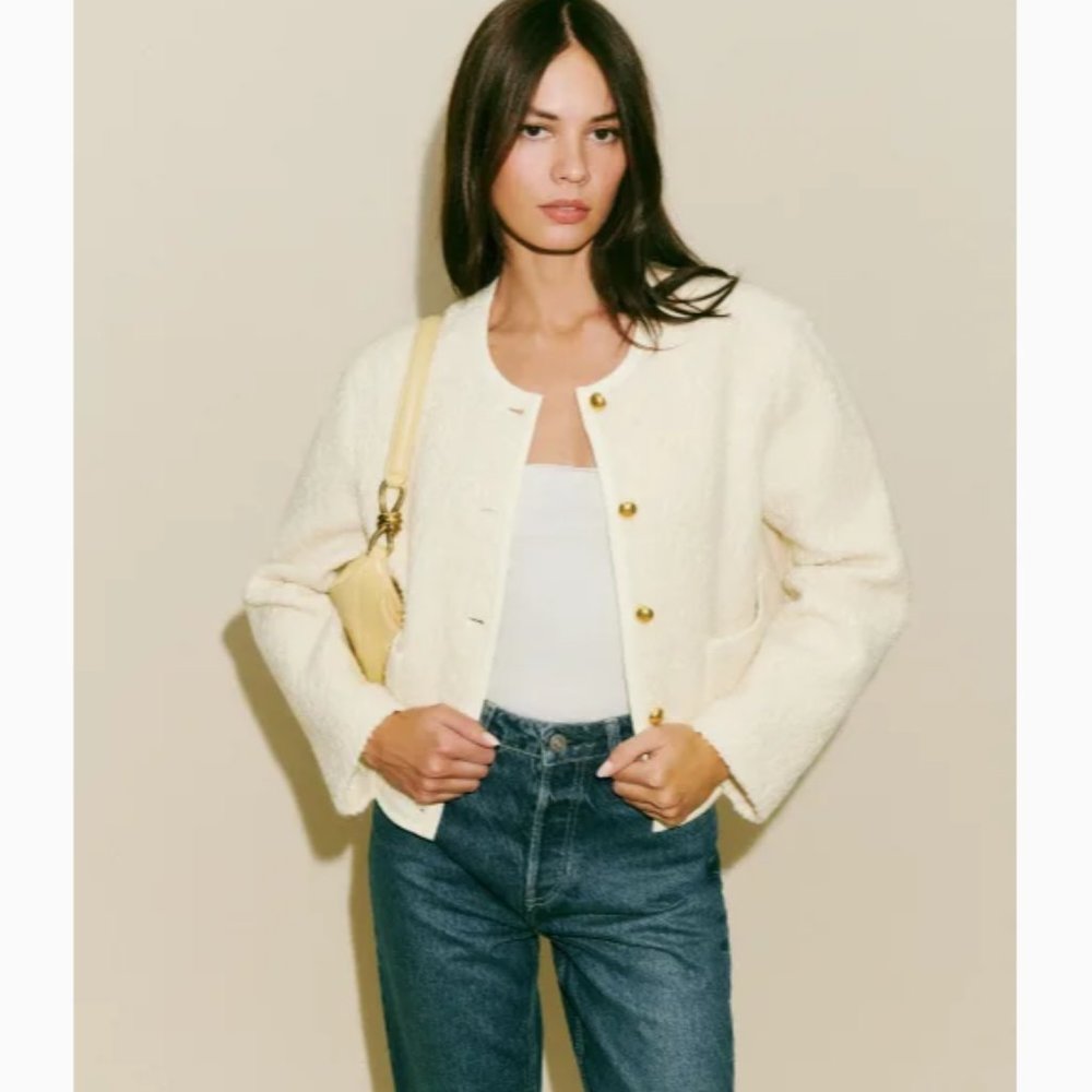 Reformation Dale Cropped Jacket in Cream Ivory White Wool Blend